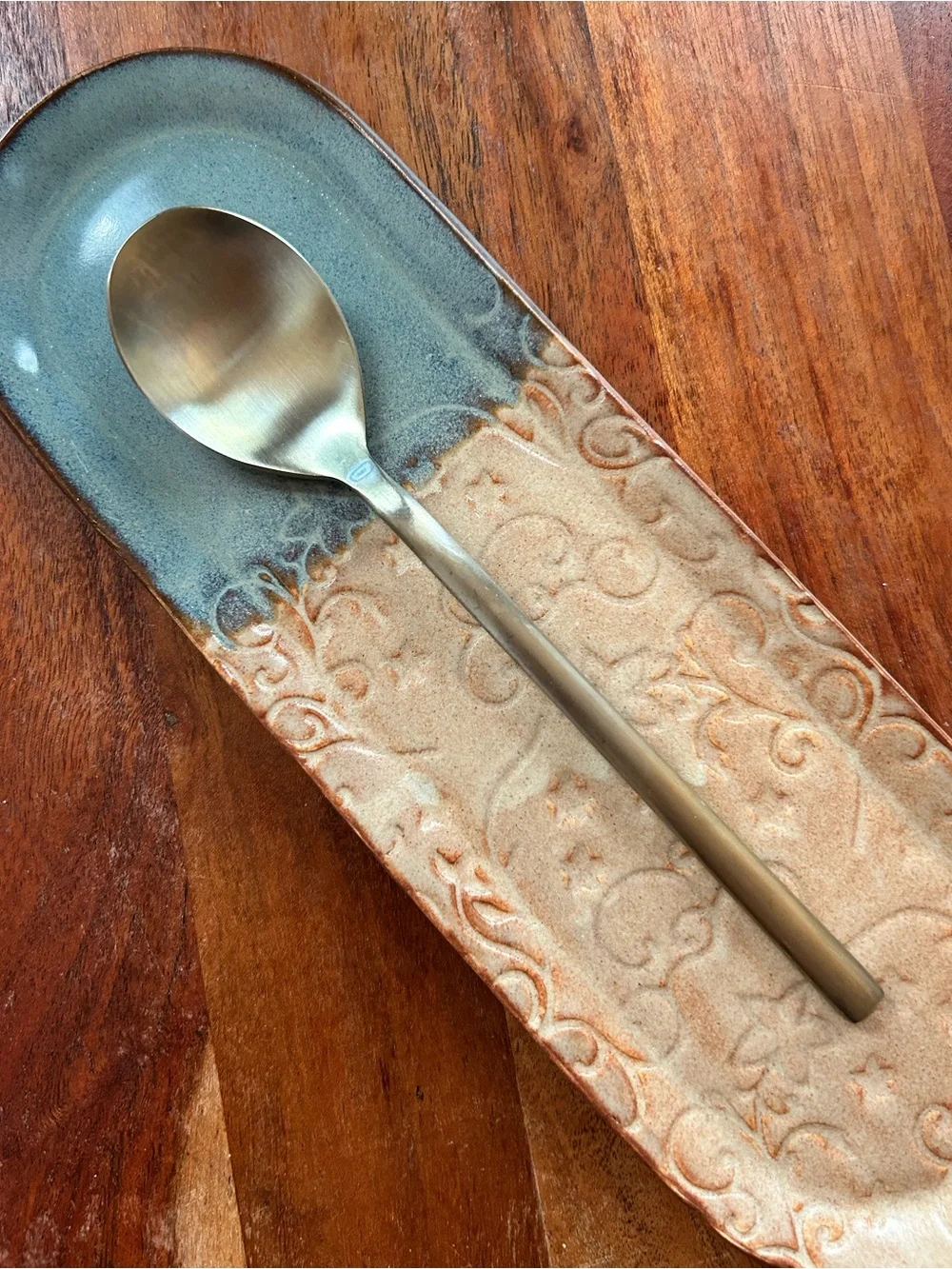 Handmade Embossed Pottery Small Tray Spoon Rest Brown Blue